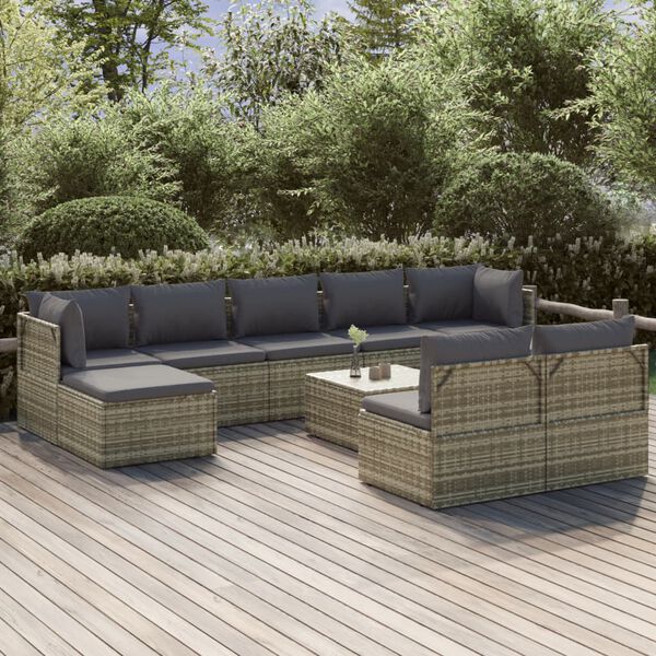 vidaXL Salon de jardin 10 pcs avec coussins Gris Résine tressée