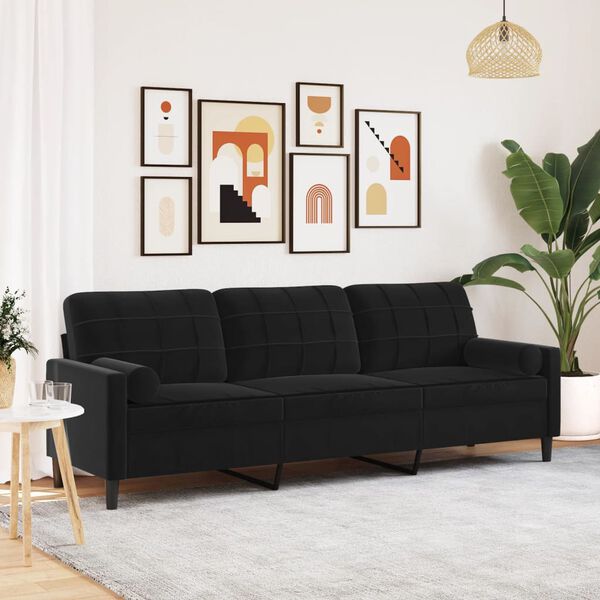 vidaXL Canapé 3 places avec oreillers décoratifs noir 210 cm velours