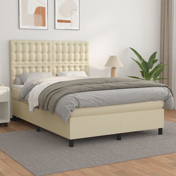 vidaXL Sommier &agrave; lattes de lit avec matelas Cr&egrave;me 140x190cm Similicuir