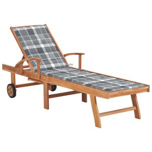 vidaXL Chaise longue avec coussin &agrave; carreaux gris Bois de teck solide