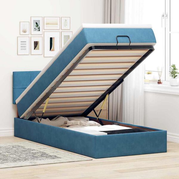 vidaXL Cadre de lit ottoman avec matelas bleu fonc&eacute; 90x190 cm velours