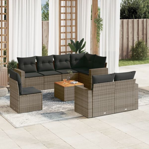 vidaXL Salon de jardin 9 pcs avec coussins gris r&eacute;sine tress&eacute;e
