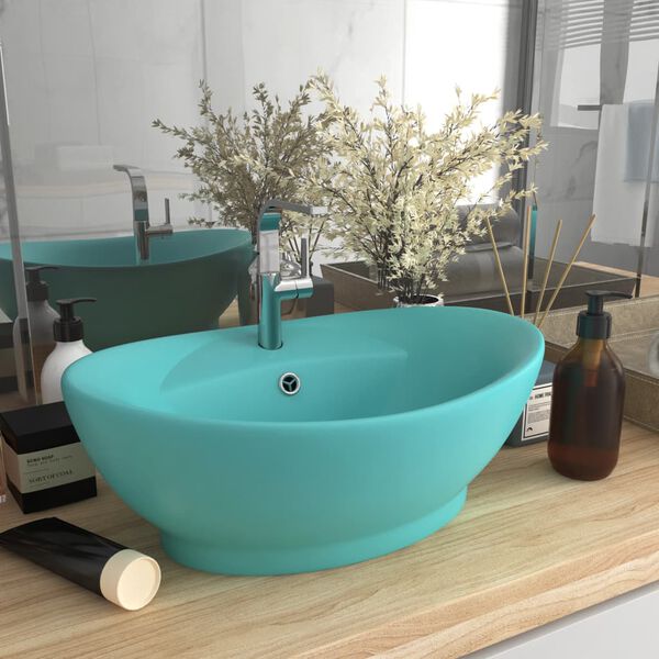 vidaXL Lavabo ovale &agrave; trop-plein Vert clair mat 58,5x39 cm C&eacute;ramique