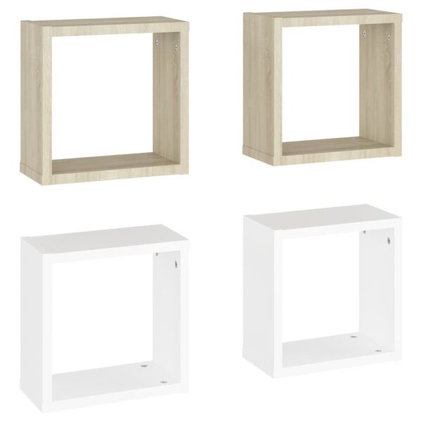 vidaXL &Eacute;tag&egrave;res cube murales 4 pcs Blanc et ch&ecirc;ne sonoma 30x15x30 cm