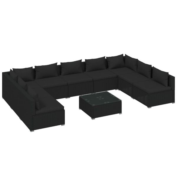 vidaXL Salon de jardin 10 pcs avec coussins R&eacute;sine tress&eacute;e Noir
