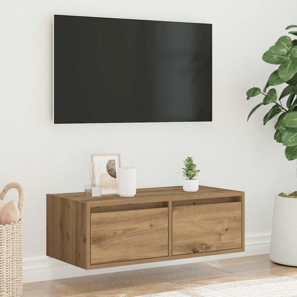 vidaXL Meuble TV avec lumi&egrave;res LED ch&ecirc;ne artisanal 75x35,5x25 cm