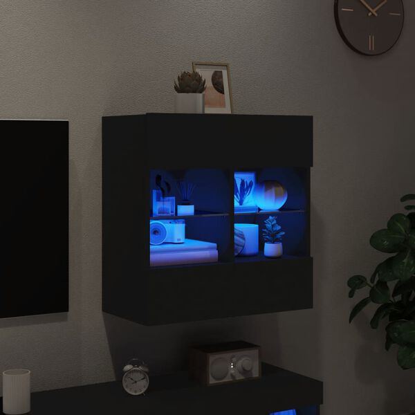 vidaXL Meuble TV mural avec lumi&egrave;res LED noir 58,5x30x60,5 cm