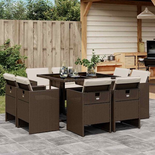 vidaXL Ensemble &agrave; manger de jardin et coussins 9 pcs marron poly rotin