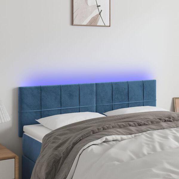 vidaXL T&ecirc;te de lit &agrave; LED Bleu fonc&eacute; 144x5x78/88 cm Velours