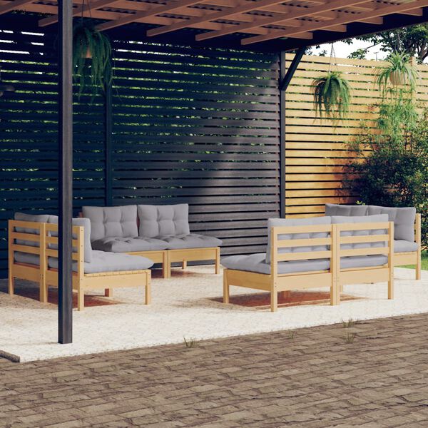 vidaXL Salon de jardin 8 pcs avec coussins gris Bois de pin