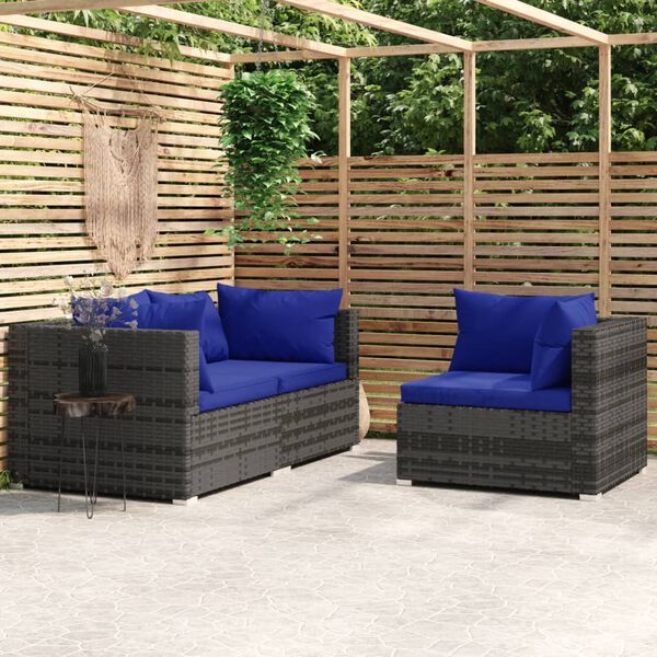 vidaXL Salon de jardin 3 pcs avec coussins Gris Résine tressée