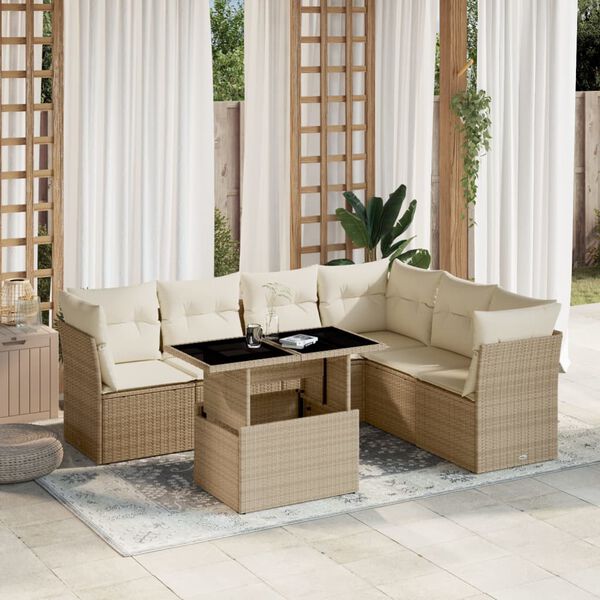 vidaXL Salon de jardin avec coussins 7 pcs beige r&eacute;sine tress&eacute;e