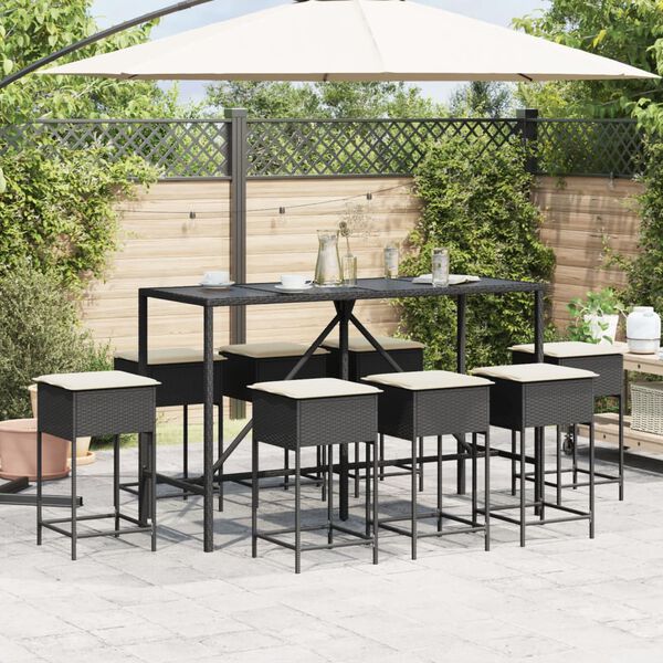 vidaXL Ensemble de bar de jardin 9 pcs avec coussins noir poly rotin