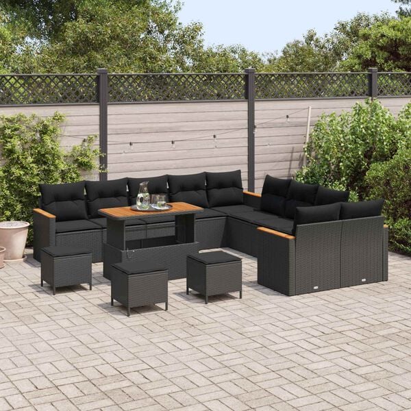 vidaXL Ensemble de canap&eacute; de jardin avec coussin 14 pcs Noir polyrotin