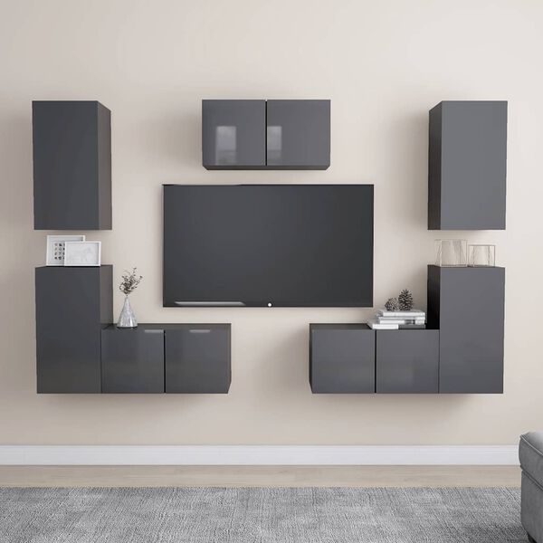 vidaXL Ensemble de meubles TV 7 pcs Gris brillant Bois d'ing&eacute;nierie