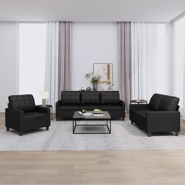vidaXL Ensemble de canap&eacute;s 3 pcs avec coussins Noir Similicuir