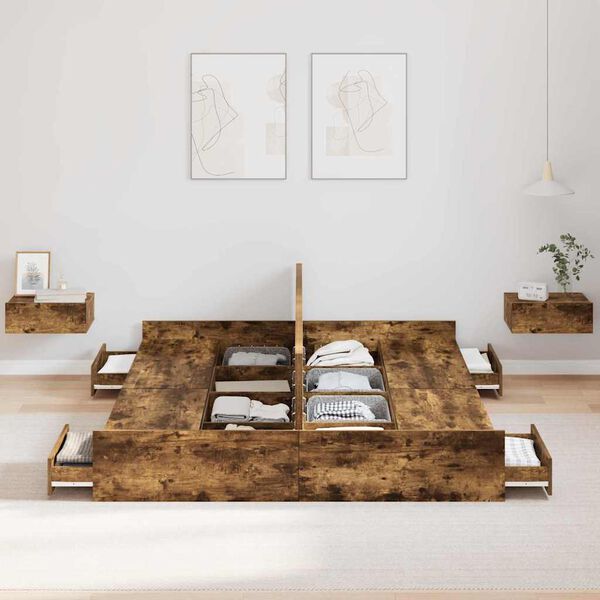 vidaXL Cadre de lit avec rangement avec tiroir Ch&ecirc;ne fum&eacute; 140 x 200 cm