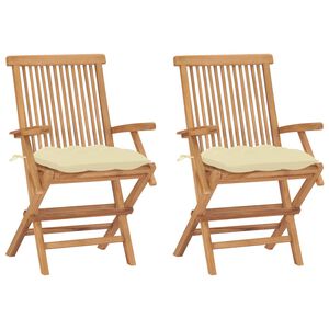 vidaXL Chaises de jardin lot de 2 et coussins blanc cr&egrave;me Teck massif