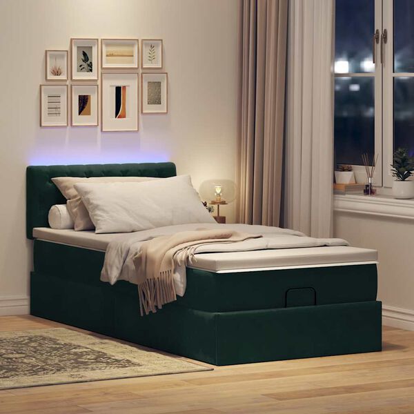 vidaXL Lit ottoman avec matelas et LED Vert fonc&eacute; 90x200cm velours