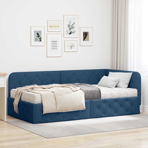 vidaXL Cadre de lit d'angle avec matelas Bleu 90 x 200 cm tissu