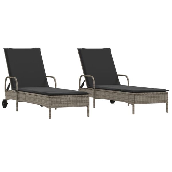 vidaXL Chaises longues avec coussins lot de 2 gris r&eacute;sine tress&eacute;e