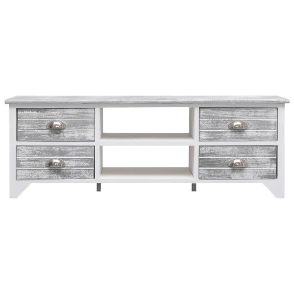 vidaXL Meuble TV Blanc et gris 108x30x40 cm Bois de Paulownia solide