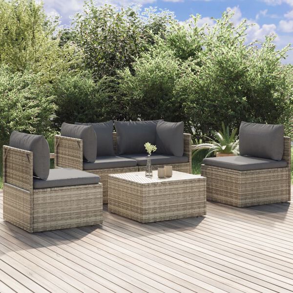 vidaXL Salon de jardin 5 pcs avec coussins Gris R&eacute;sine tress&eacute;e