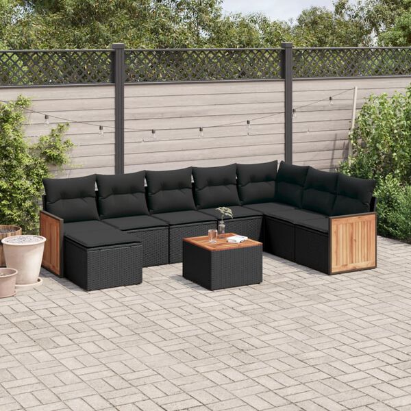 vidaXL Salon de jardin 9 pcs avec coussins noir r&eacute;sine tress&eacute;e