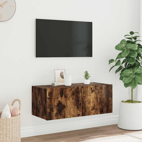 vidaXL Meuble TV mural avec lumi&egrave;res LED ch&ecirc;ne fum&eacute; 80x35x31 cm