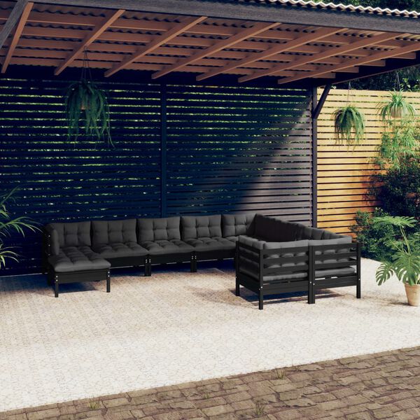 vidaXL Salon de jardin 10 pcs avec coussins Noir Bois de pin