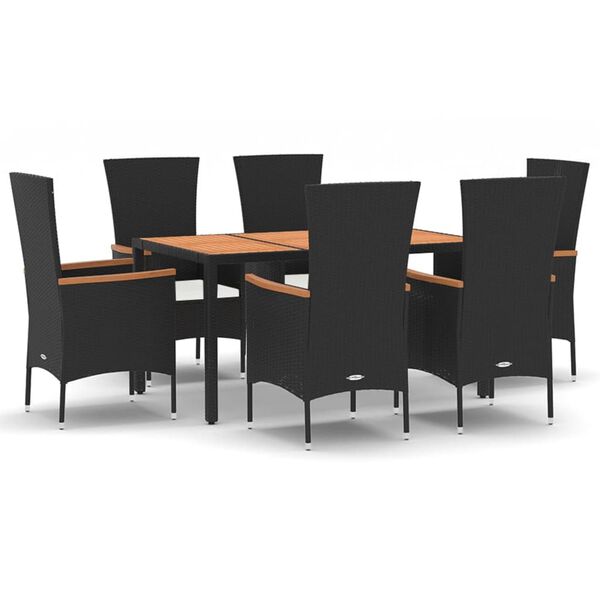 vidaXL Ensemble &agrave; manger de jardin coussins 7pcs Noir R&eacute;sine tress&eacute;e