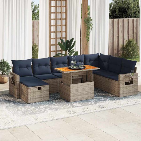 vidaXL Salon de jardin avec coussins 9 pcs gris r&eacute;sine tress&eacute;e acacia