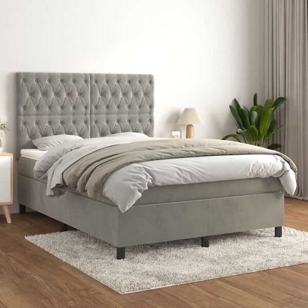 vidaXL Sommier &agrave; lattes de lit et matelas Gris clair 140x190cm Velours