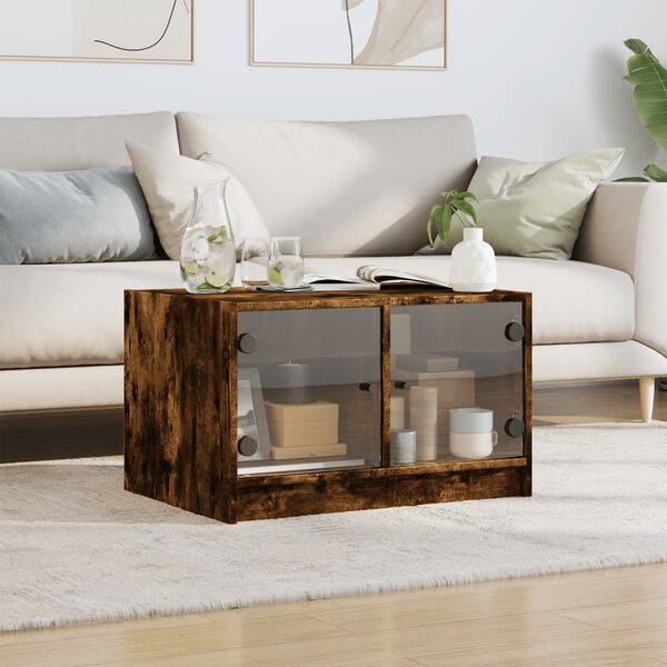 vidaXL Table basse avec portes en verre ch&ecirc;ne fum&eacute; 68x50x42 cm