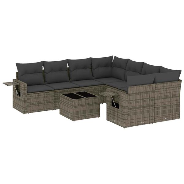vidaXL Salon de jardin 9 pcs avec coussins gris r&eacute;sine tress&eacute;e