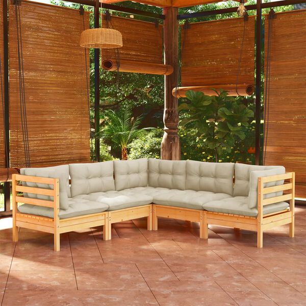 vidaXL Salon de jardin 5 pcs avec coussins cr&egrave;me bois de pin massif
