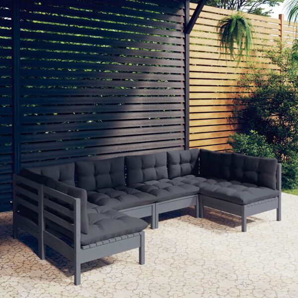 vidaXL Salon de jardin 6 pcs avec coussins Gris Bois de pin massif