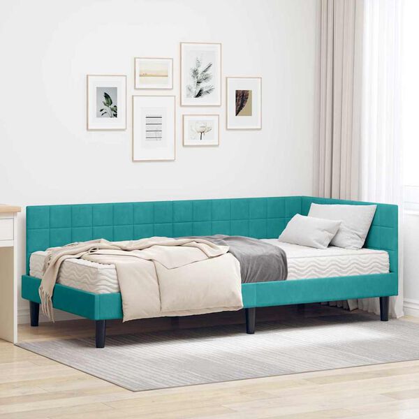 vidaXL Cadre de lit d'angle avec matelas Turquoise 90 x 190 cm Velours