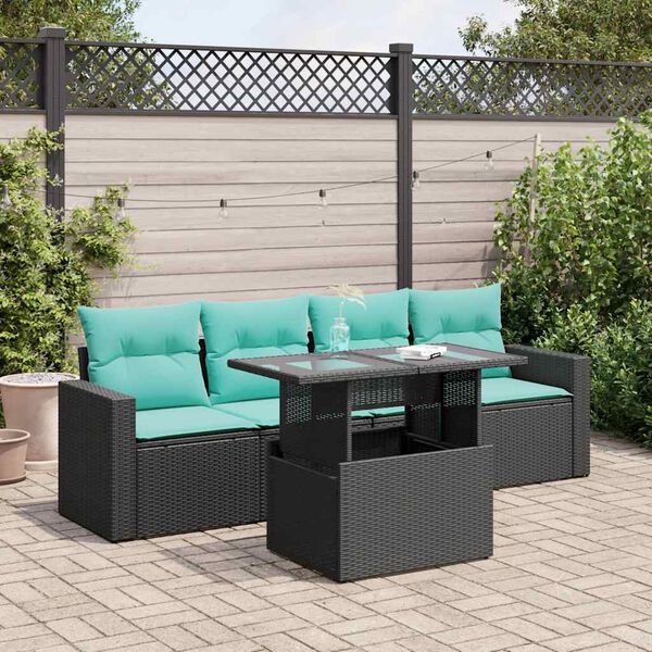 vidaXL Salon de jardin 5 pcs avec coussins noir r&eacute;sine tress&eacute;e acacia