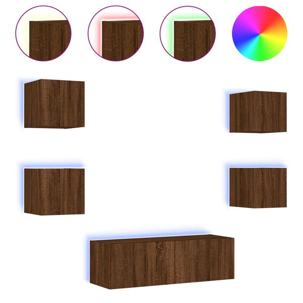 vidaXL Meuble TV muraux 5 pcs avec lumi&egrave;res LED ch&ecirc;ne marron