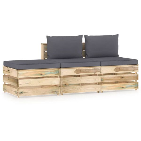 vidaXL Salon de jardin 3 pcs avec coussins Bois impr&eacute;gn&eacute; de vert
