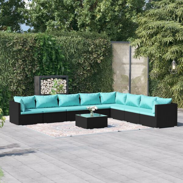 vidaXL Salon de jardin 9 pcs avec coussins R&eacute;sine tress&eacute;e Noir