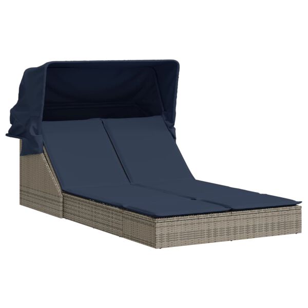 vidaXL Chaise longue double et auvent et coussins gris r&eacute;sine tress&eacute;e