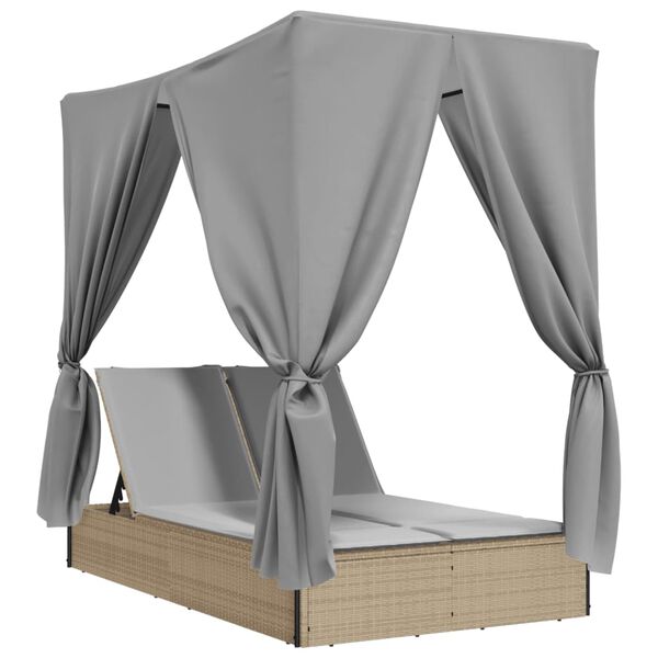 vidaXL Chaise longue double avec toit et rideaux beige r&eacute;sine tress&eacute;e