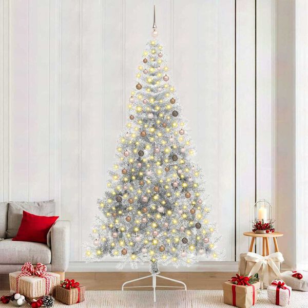 vidaXL Sapin de No&euml;l artificiel pr&eacute;-&eacute;clair&eacute; Argent 240 cm PET