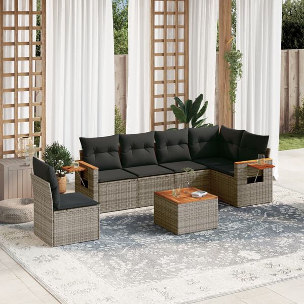 vidaXL Salon de jardin avec coussins 7 pcs gris r&eacute;sine tress&eacute;e