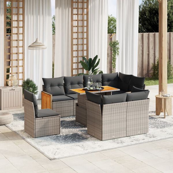 vidaXL Salon de jardin 9 pcs avec coussins gris r&eacute;sine tress&eacute;e