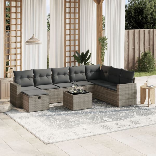 vidaXL Salon de jardin 9 pcs avec coussins gris clair résine tressée
