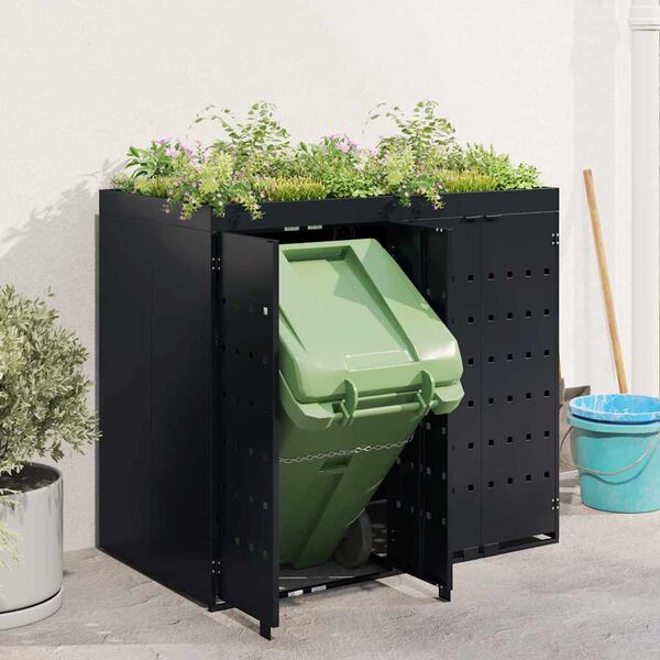 vidaXL Rangement de poubelle &agrave; roulettes pour 2 poubelles Noir