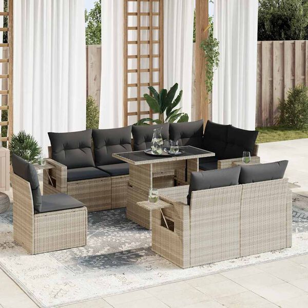 vidaXL Salon de jardin 9 pcs avec coussins gris clair r&eacute;sine tress&eacute;e